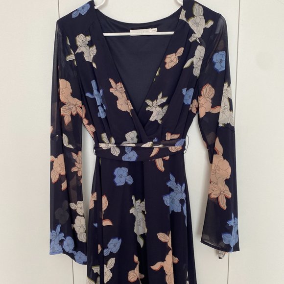 Lush Navy Floral Long Sleeve Summer Mini Dress - Picture 1 of 4